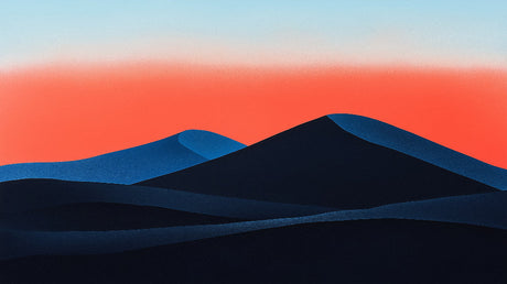 Mountain Mural Wallpaper design file showing abstract navy peaks against coral sunset backdrop