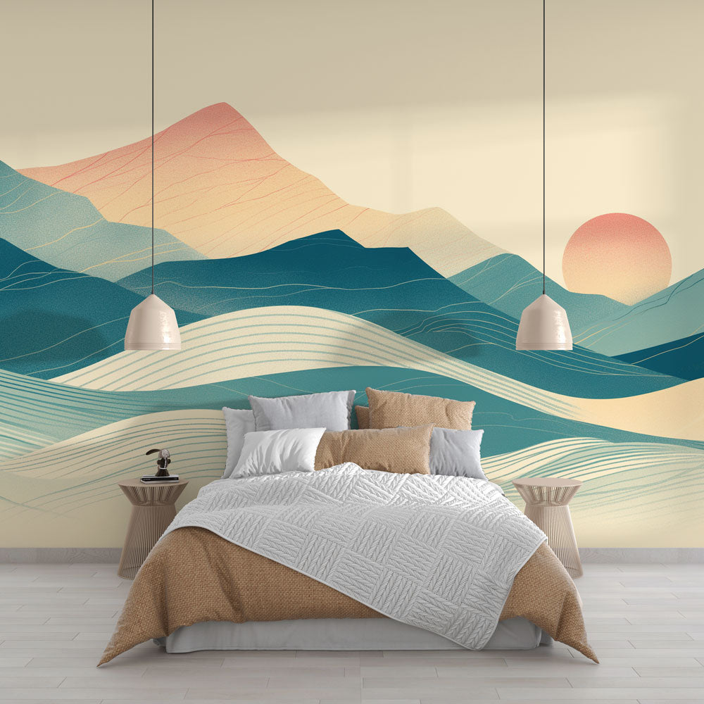 Mountain mural wallpaper with abstract sunset waves design shown in a modern living room setting with minimal furniture