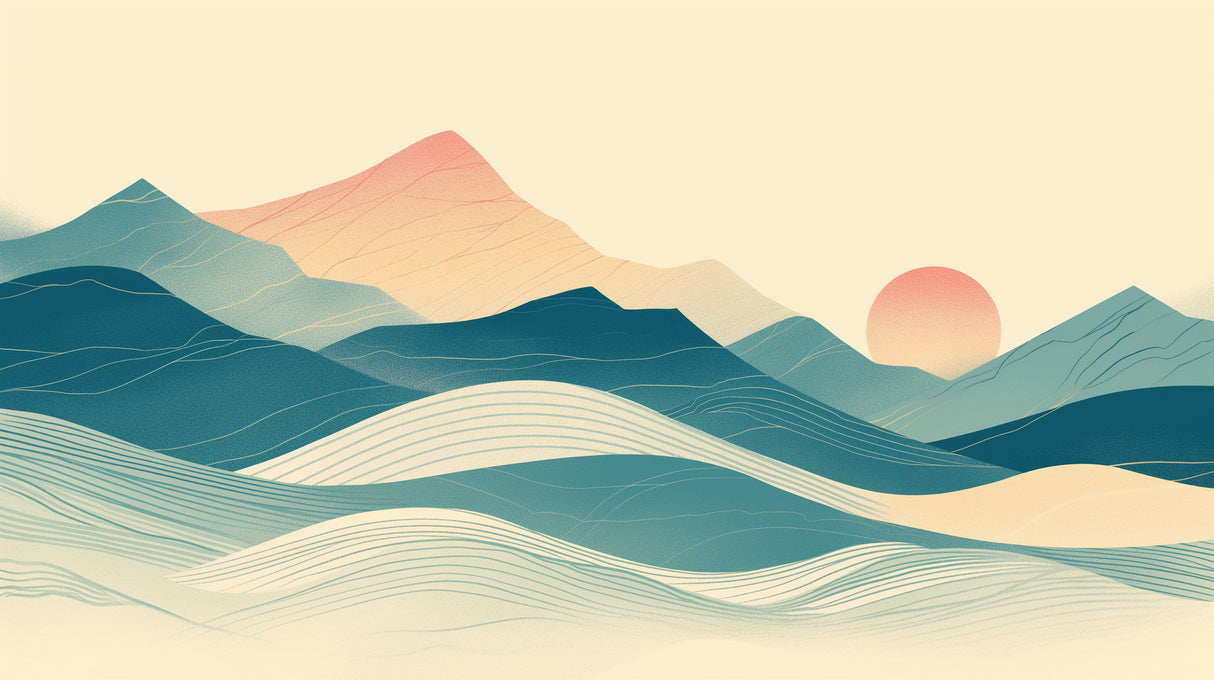 Abstract mountain wallpaper design file showing flowing teal waves and coral sunset pattern