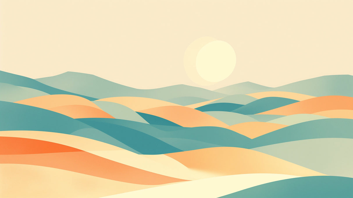 Abstract mountain wallpaper design file showing flowing curves and warm sunset colors on beige background