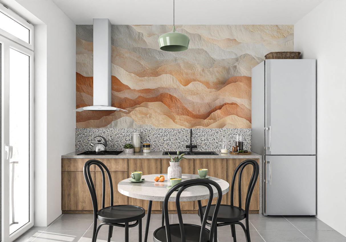 Abstract Mountain Wallpaper creating a warm atmosphere in a modern living room with minimal furniture
