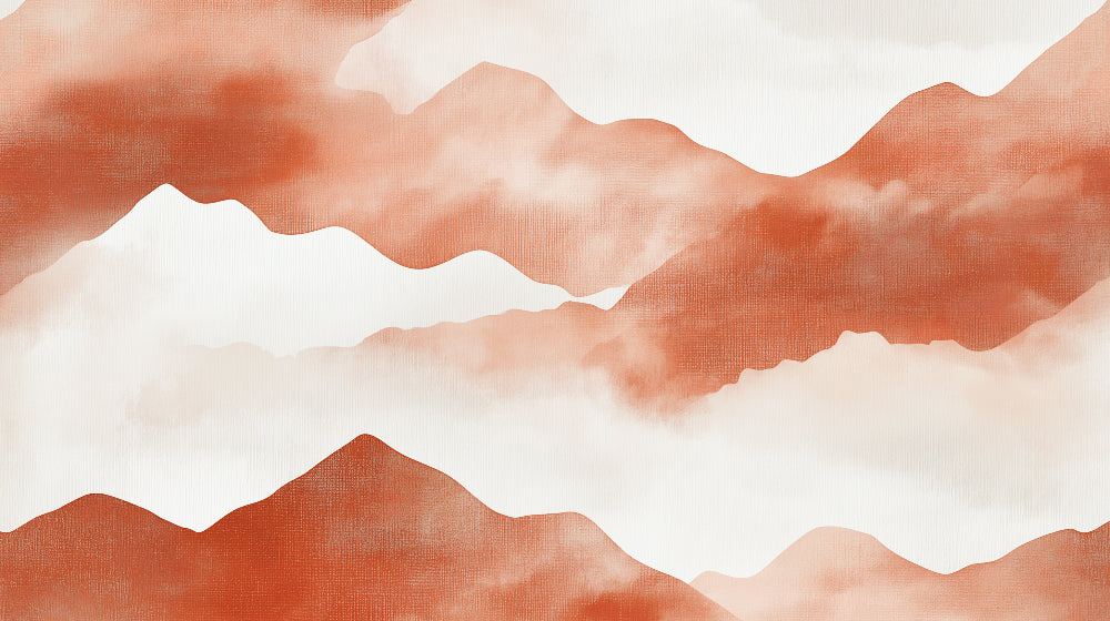 Modern mountain abstract wallpaper creating a warm, peaceful atmosphere in a minimalist living room with terracotta accents