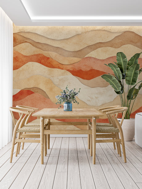 Mountain abstract wallpaper in modern minimalist living room, terracotta tones creating warm atmosphere