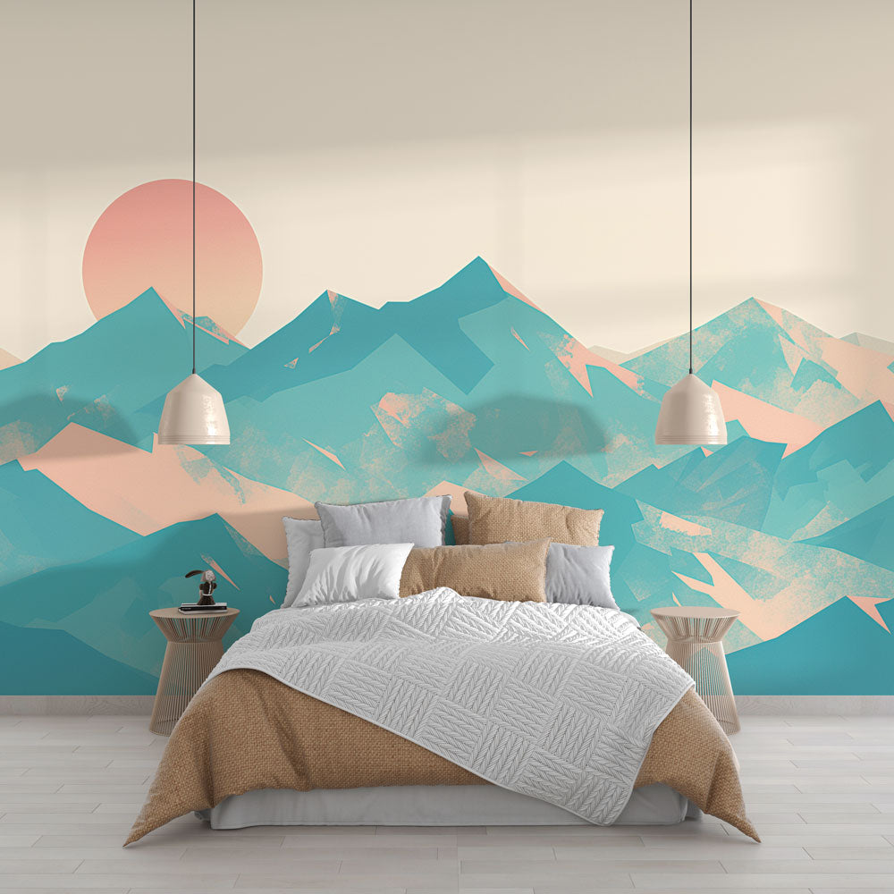 Mountain mural wallpaper in modern living room, showing turquoise and pink abstract peaks creating depth against cream walls