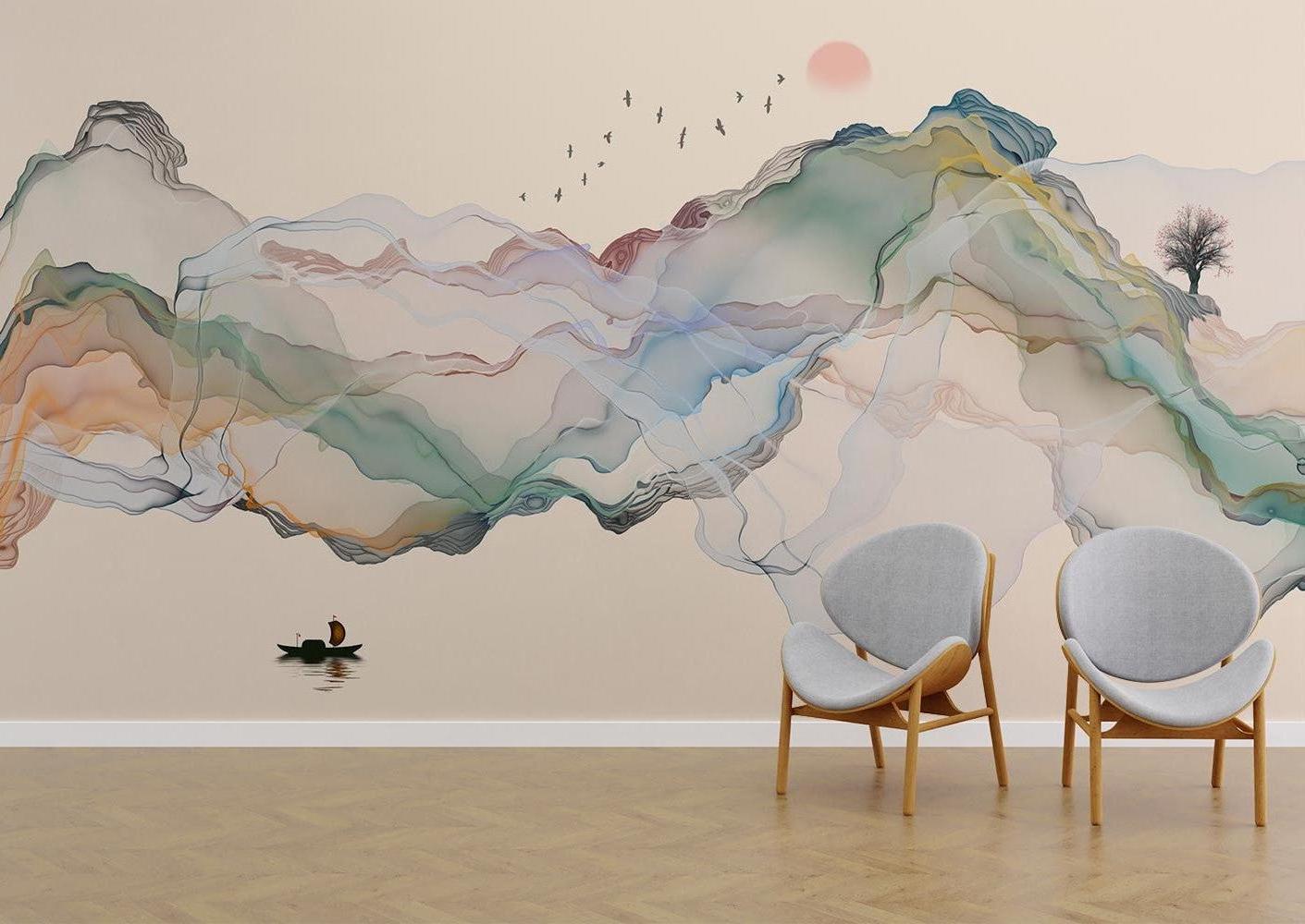Watercolor mountain mural adding depth to a serene bedroom with natural light