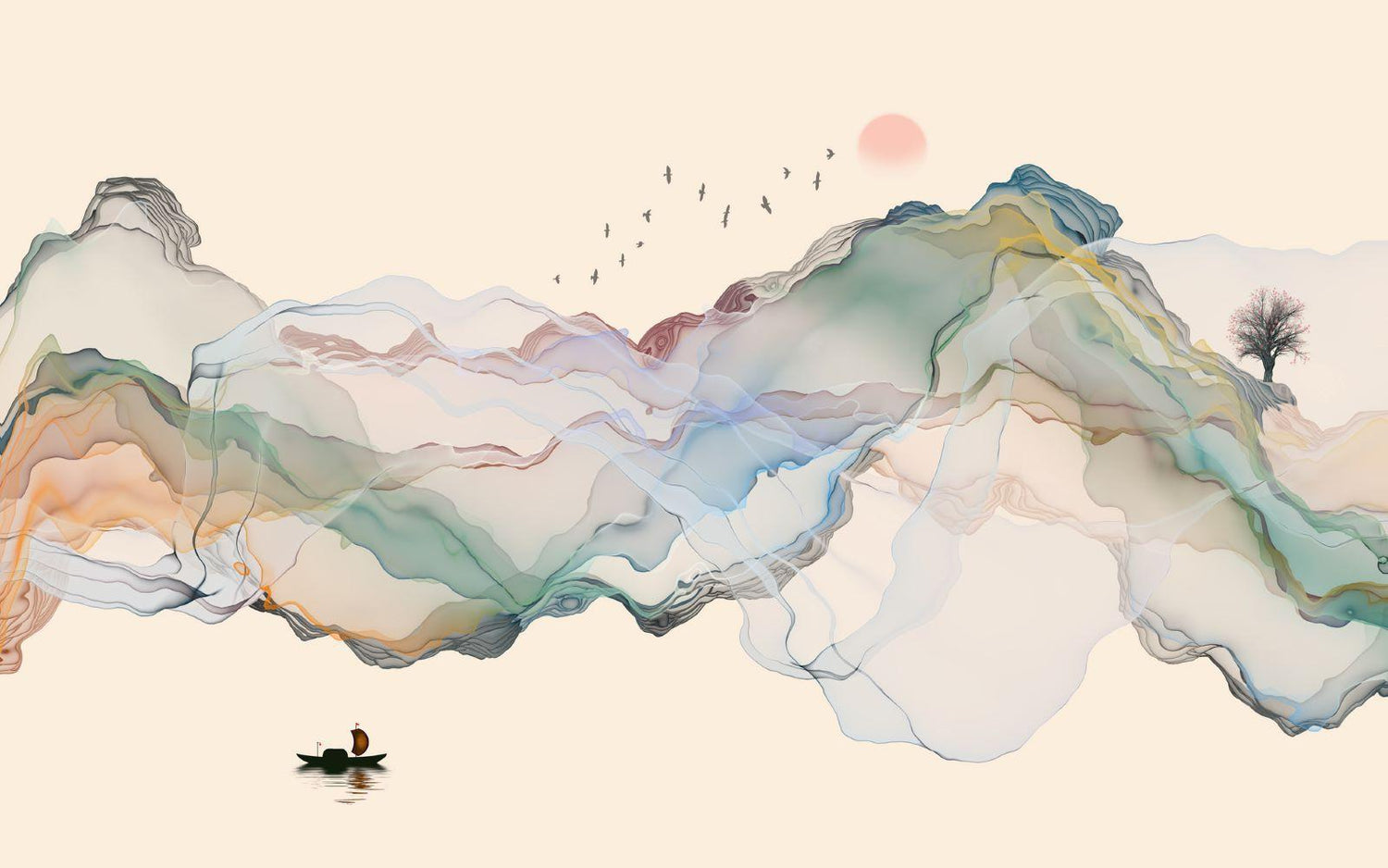 Abstract mountain and birds design file showing full watercolor pattern detail