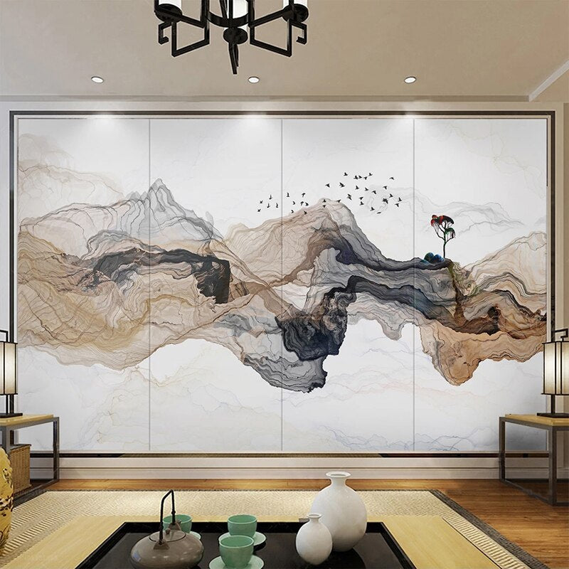Watercolor mountain wall mural displayed in master bedroom, navy and beige tones creating depth