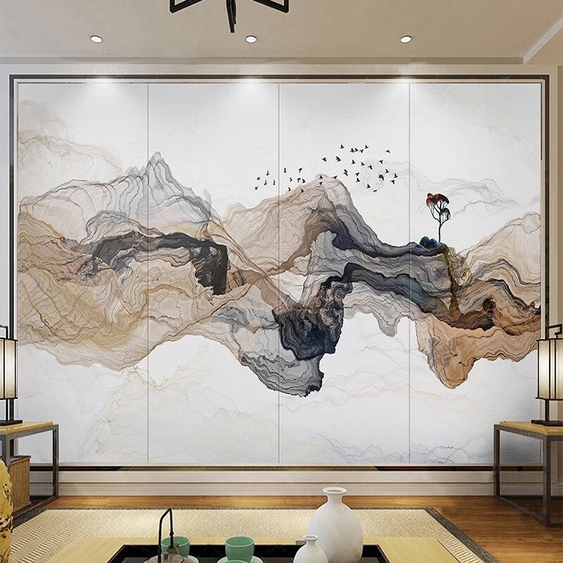 Abstract mountain wallpaper in home office setting, highlighting artistic watercolor effects