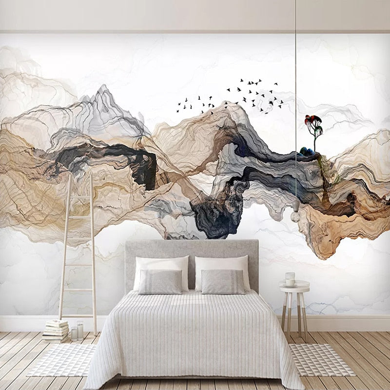 Watercolor mountain wall art installed in meditation room, emphasizing peaceful atmosphere