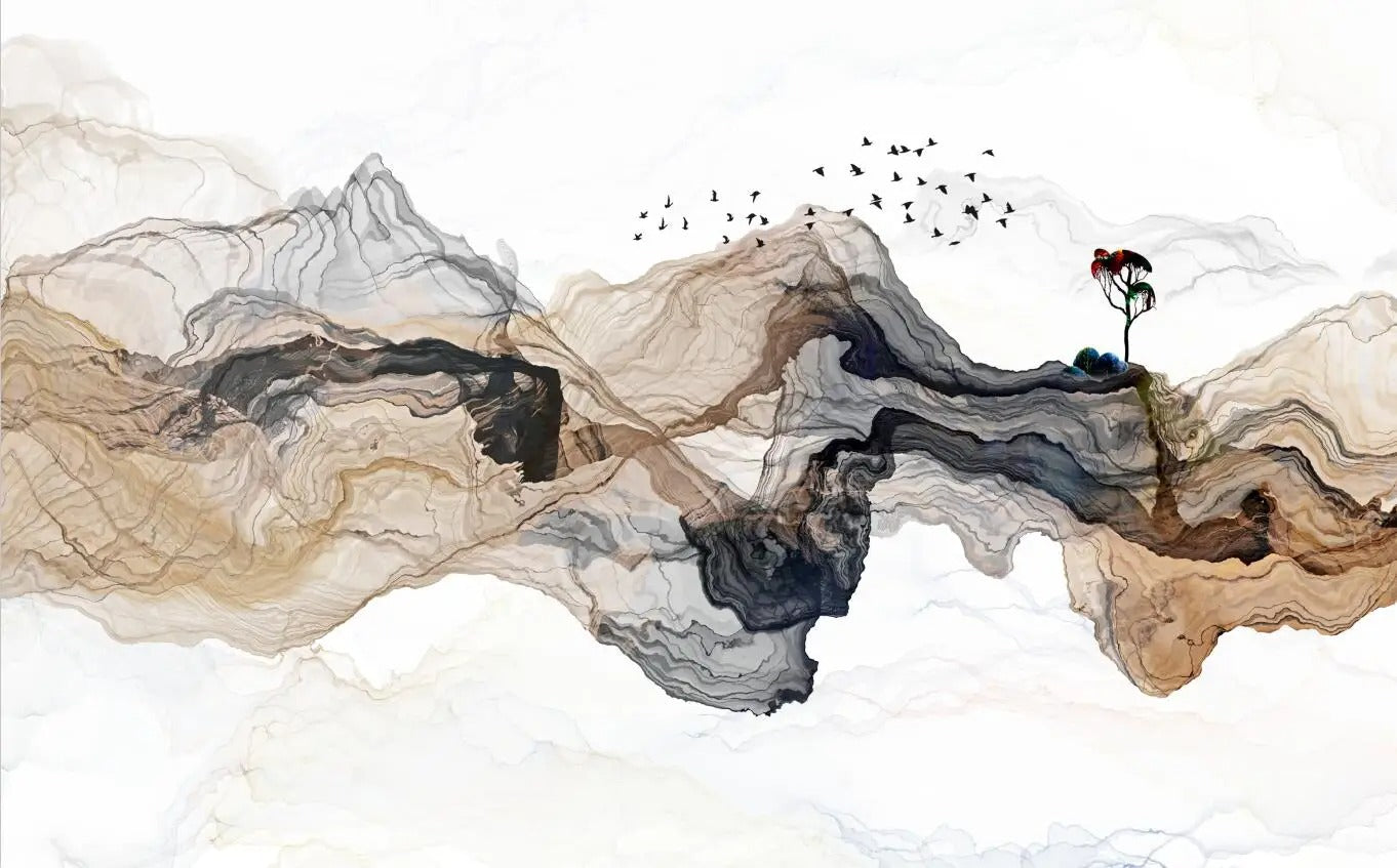 Mountain and birds design file showing watercolor texture and pattern detail