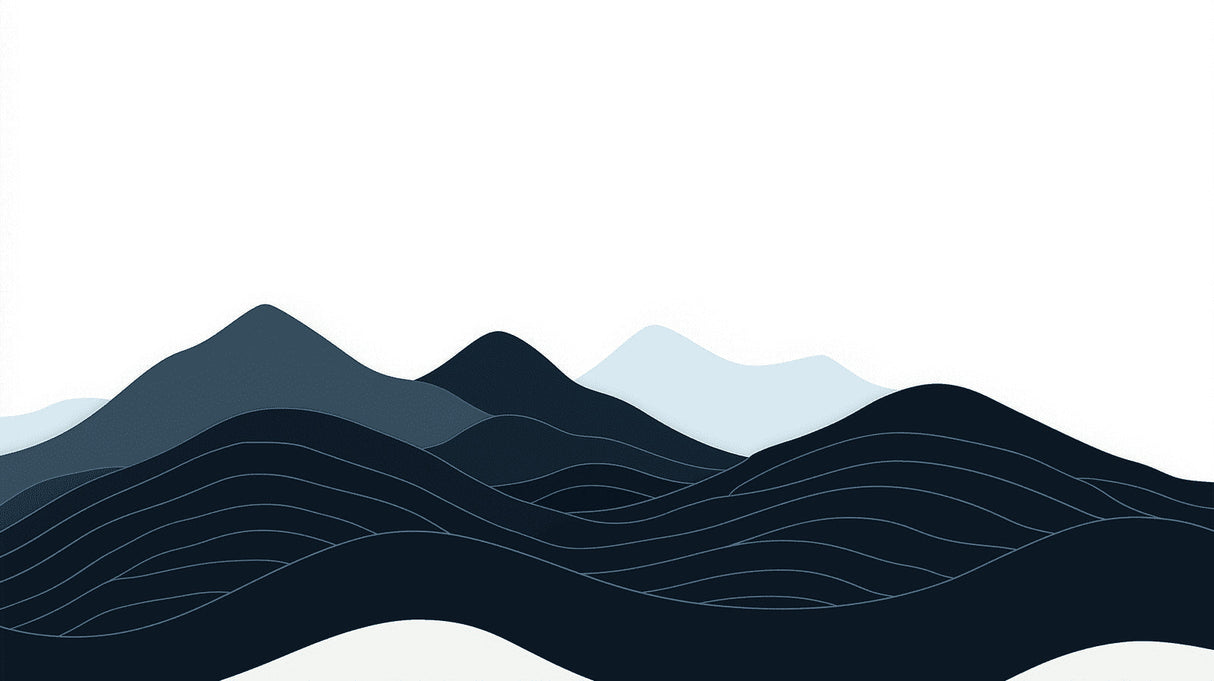 Modern mountain wave wallpaper in navy blue creating depth in a minimalist living room with natural light