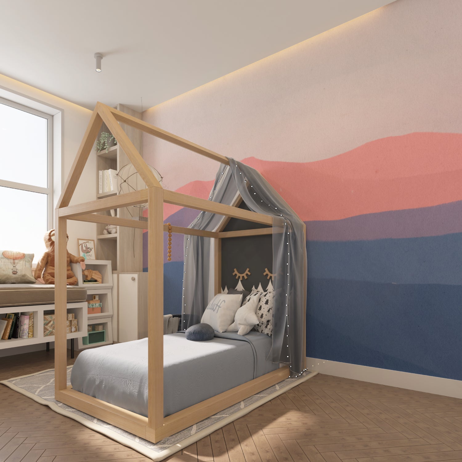 Pink and blue abstract wave mural transforming a minimalist bedroom into a peaceful sanctuary
