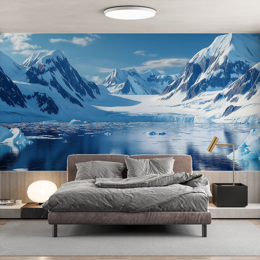 Mountain landscape wallpaper creating depth in a modern living room with minimalist furniture and natural lighting