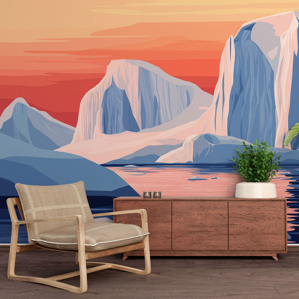 Mountain landscape wallpaper creating depth in a modern living room, showing arctic peaks against warm sunset sky
