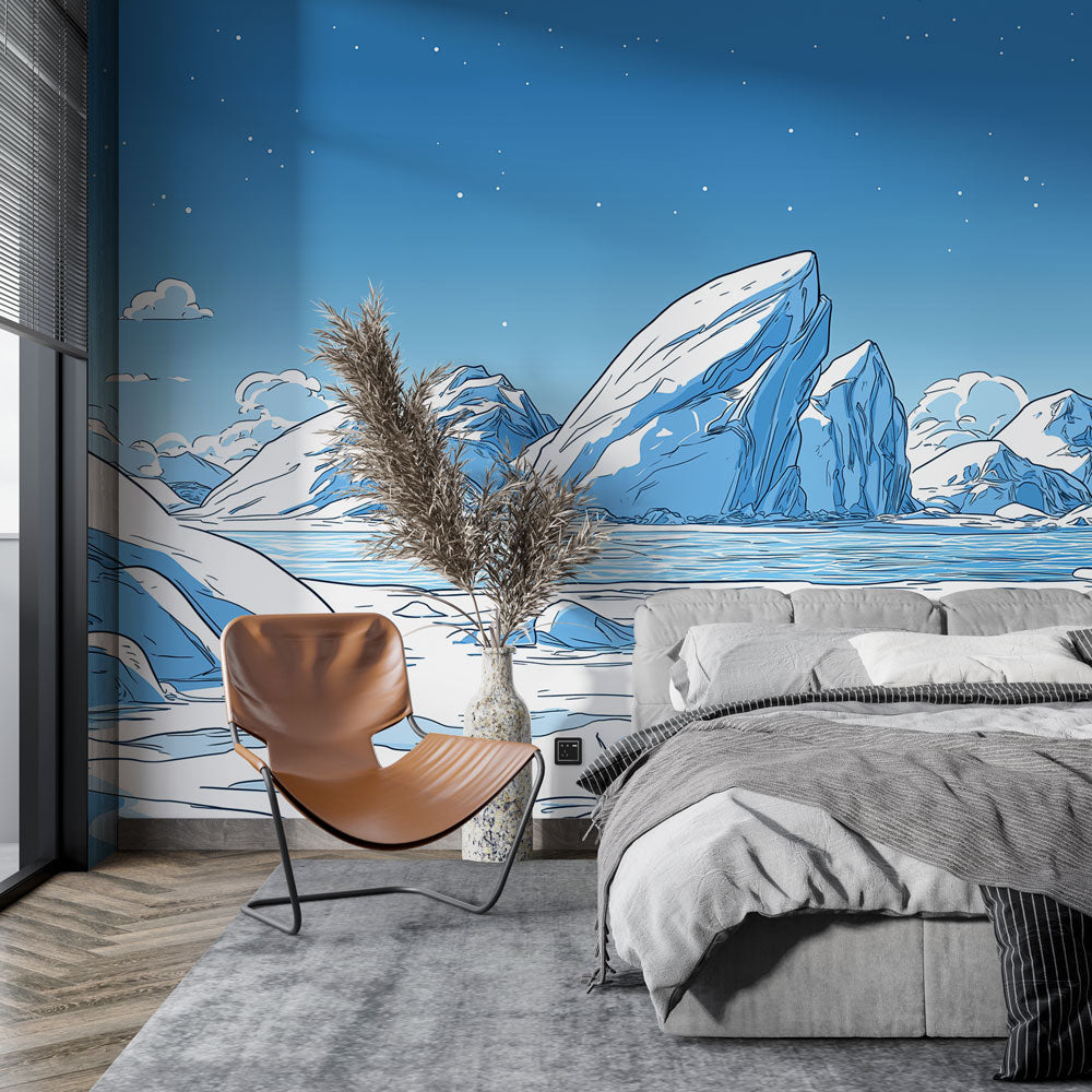 Mountain mural wallpaper creating depth in a minimal Scandinavian living room, soft lighting highlights the starry sky detail