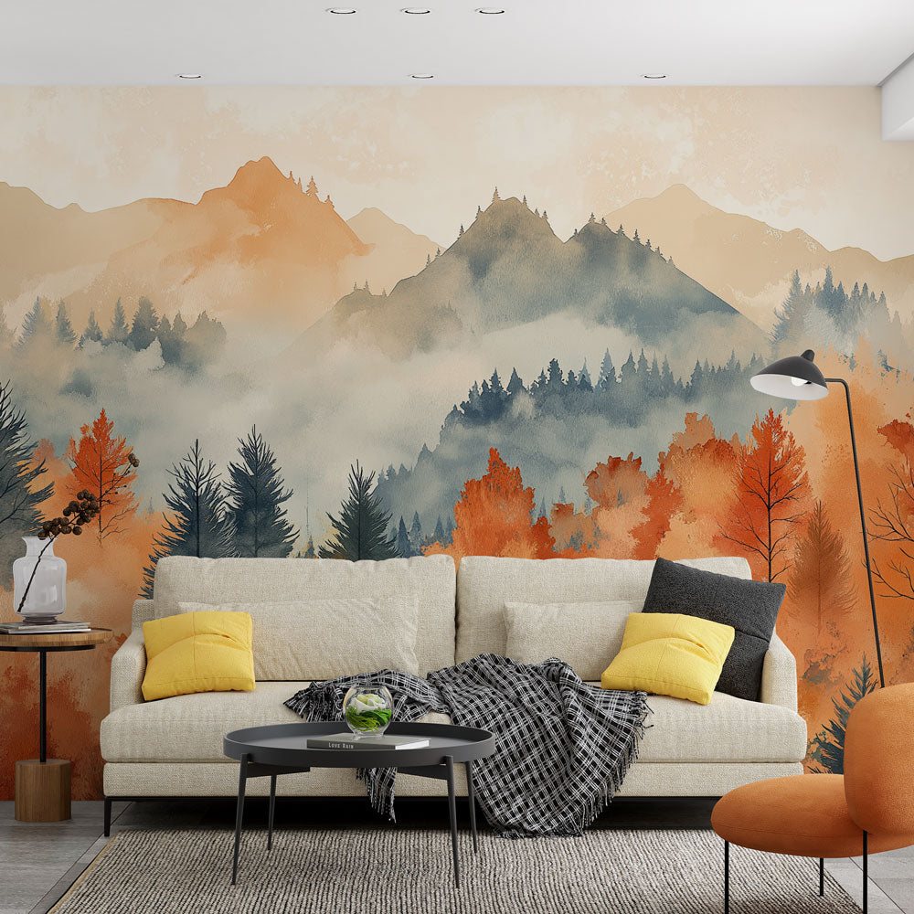 Mountain landscape wallpaper with autumn forest colors shown in a bright modern living room with minimal furniture