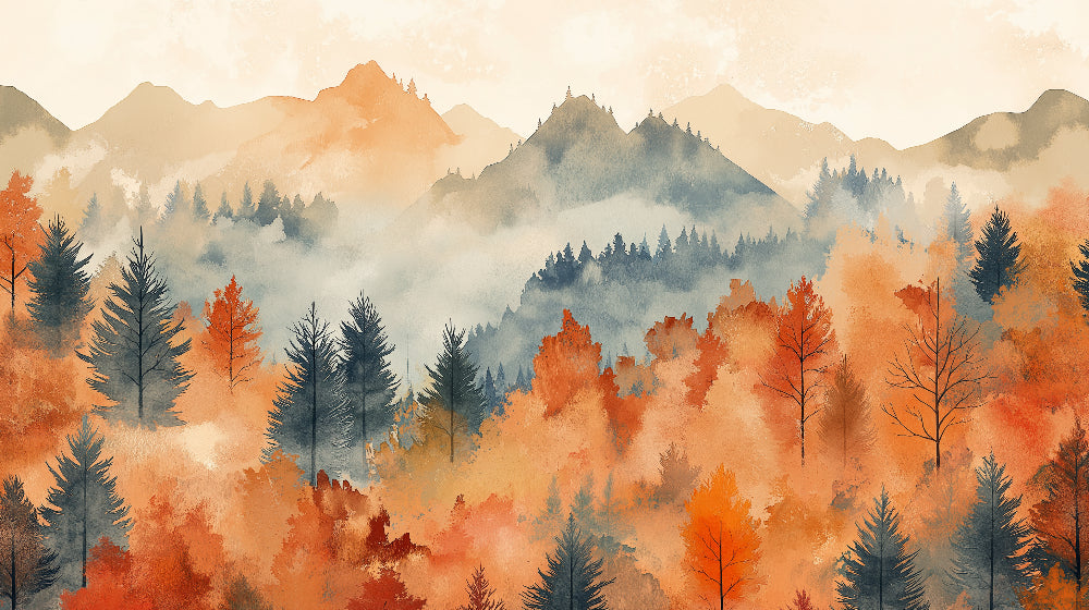 Mountain and autumn forest watercolor design file showing full pattern detail and rich color palette