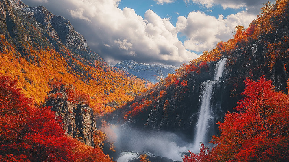 Mountain landscape design file showing dramatic waterfall and vibrant autumn foliage pattern