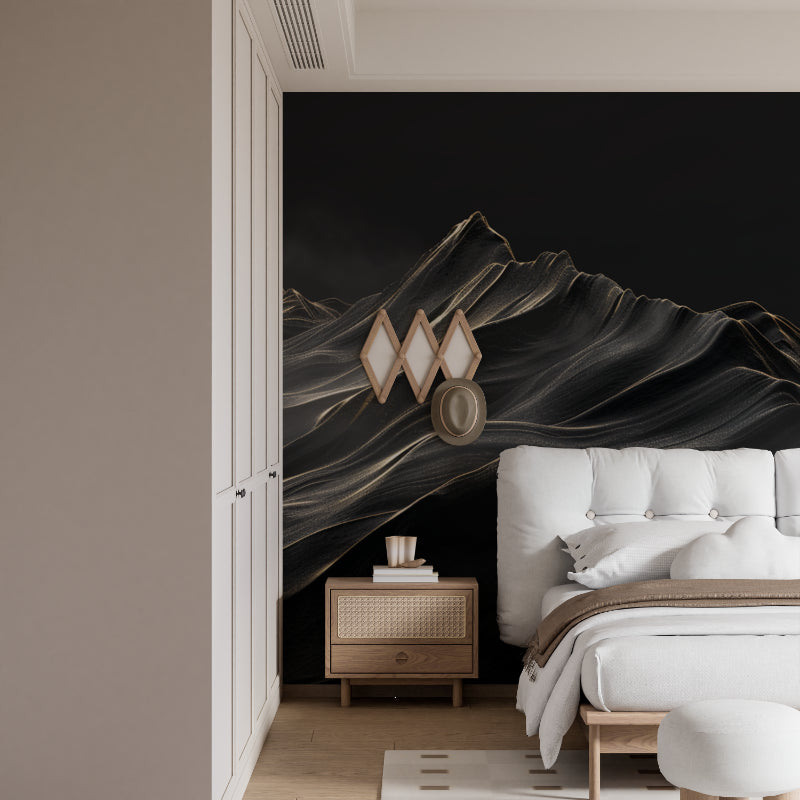 Abstract mountain peak mural in minimalist dining room