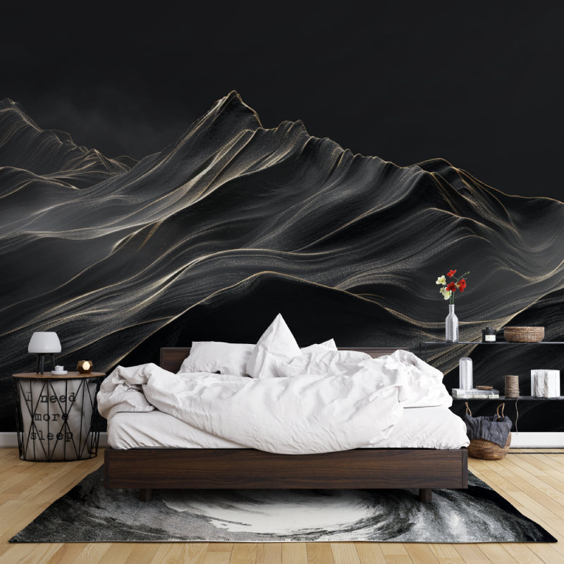 Mountain peak wall mural creating drama in master bedroom