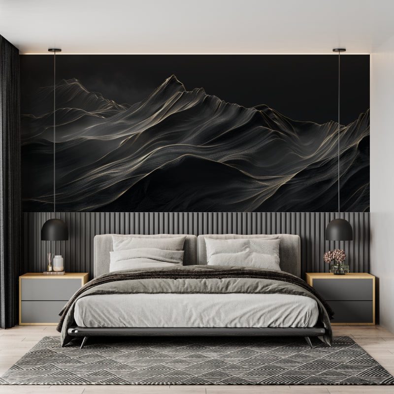 Black and gold abstract peaks wallpaper in home office setting