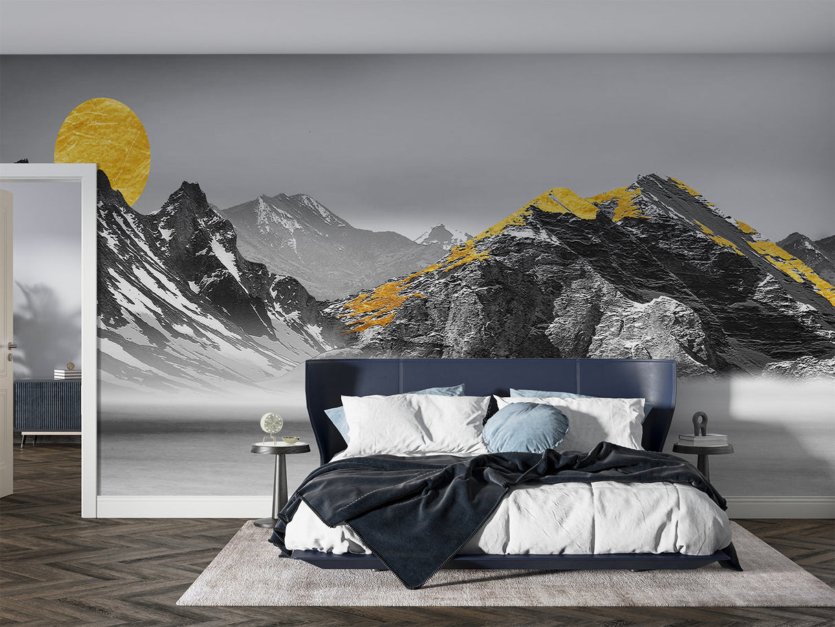 Modern mountain mural in elegant living room showing black and gold peaks creating depth
