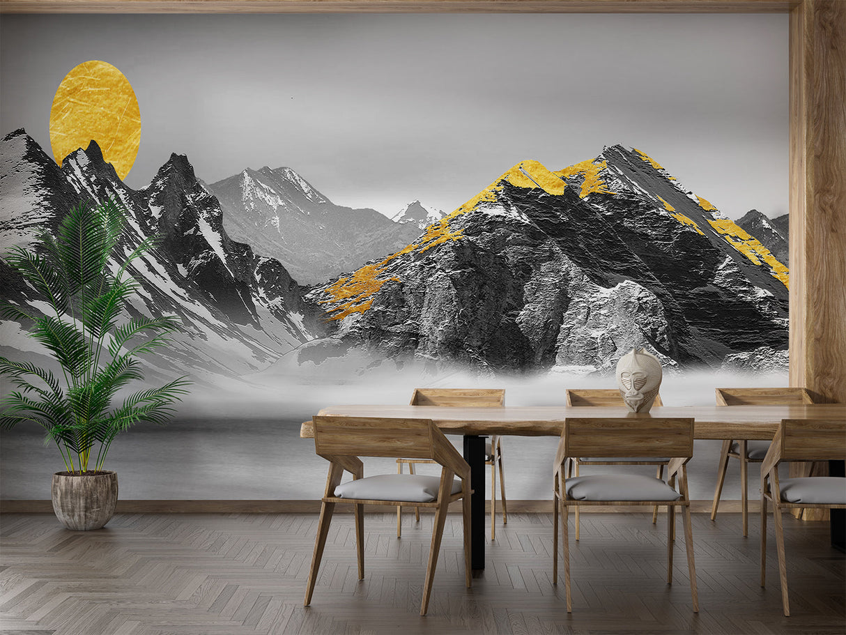 Black and gold mountain wallpaper in master bedroom with minimal decor