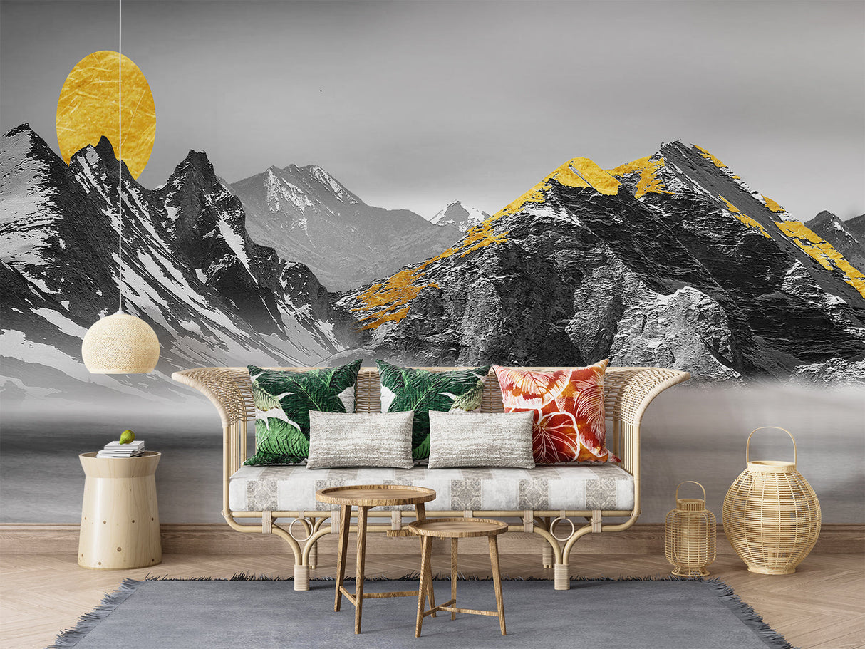 Mountain peak wallpaper bringing drama to dining room space
