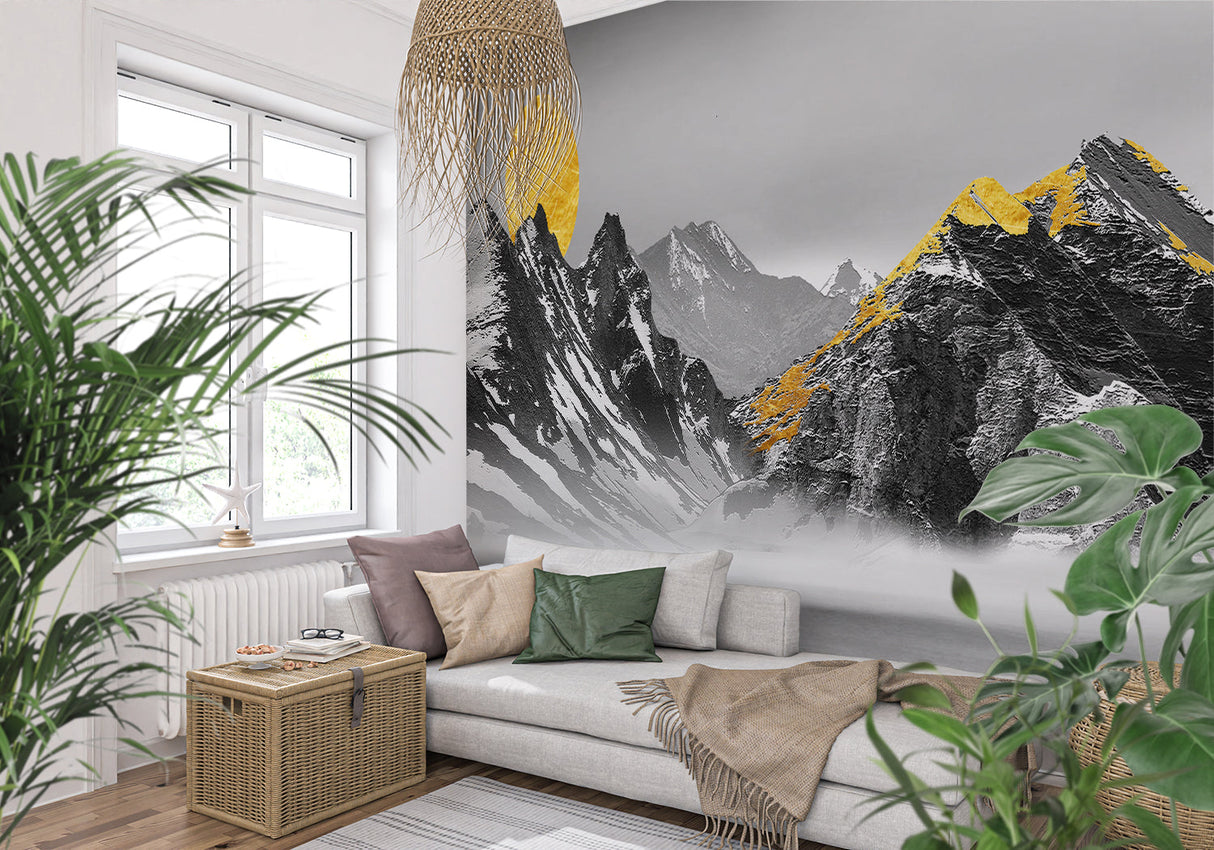 Abstract mountain mural in modern office showing scale and impact