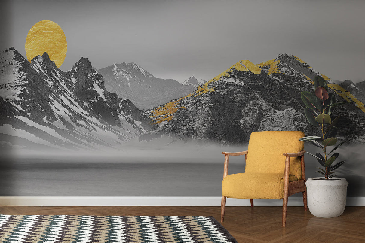 Mountain wall mural in hotel lobby showcasing golden accents