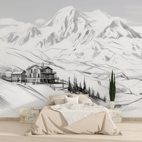 Mountain mural wallpaper in modern living room showing black and white alpine sketch design