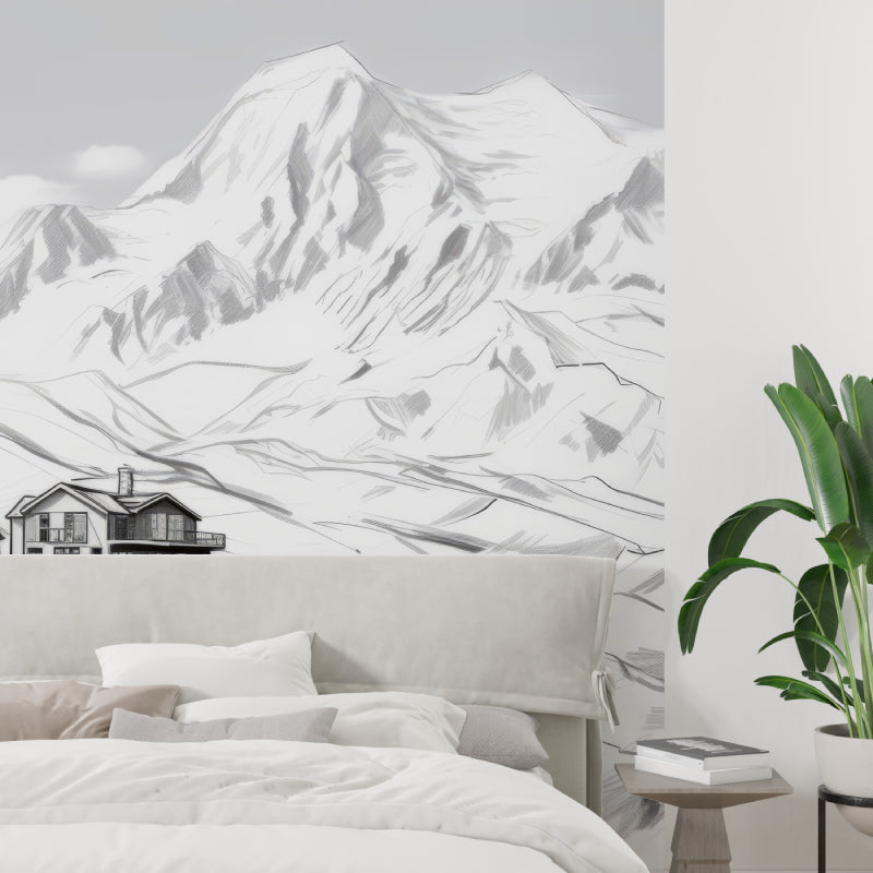 Black and white mountain wallpaper creating depth in minimalist bedroom