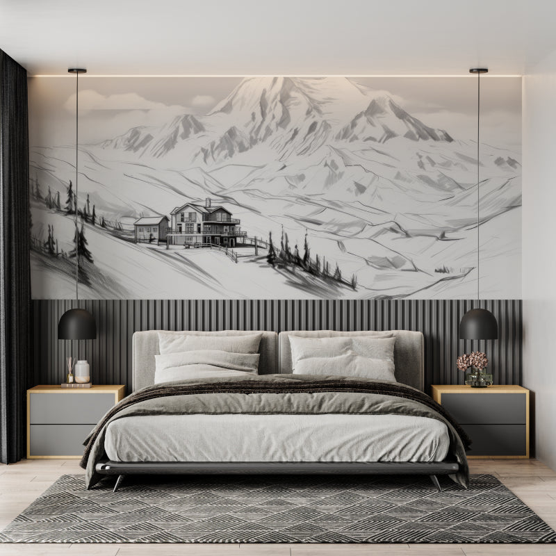 Alpine chalet sketch wallpaper in cozy home office setting