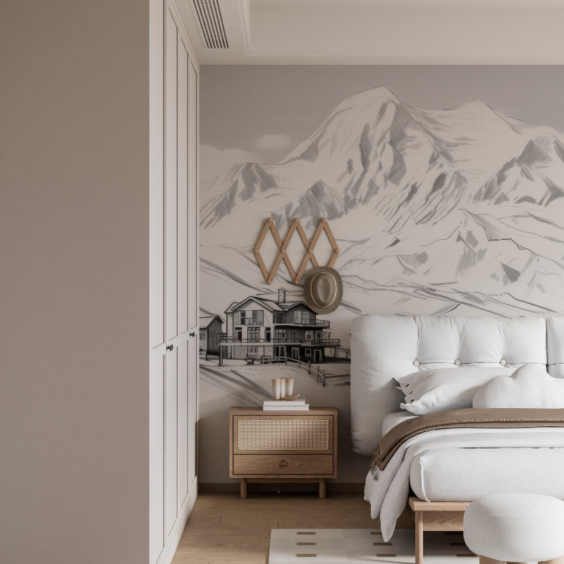 Black and white mountain sketch mural in contemporary hallway