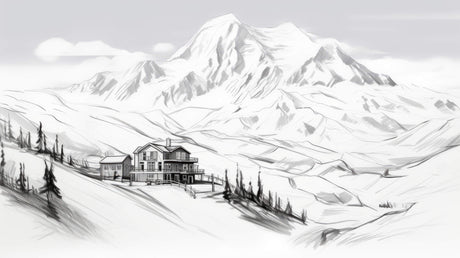 Design file of black and white mountain landscape with alpine chalet illustration