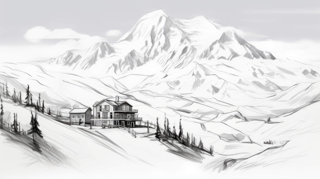 Design file of black and white mountain landscape with alpine chalet illustration