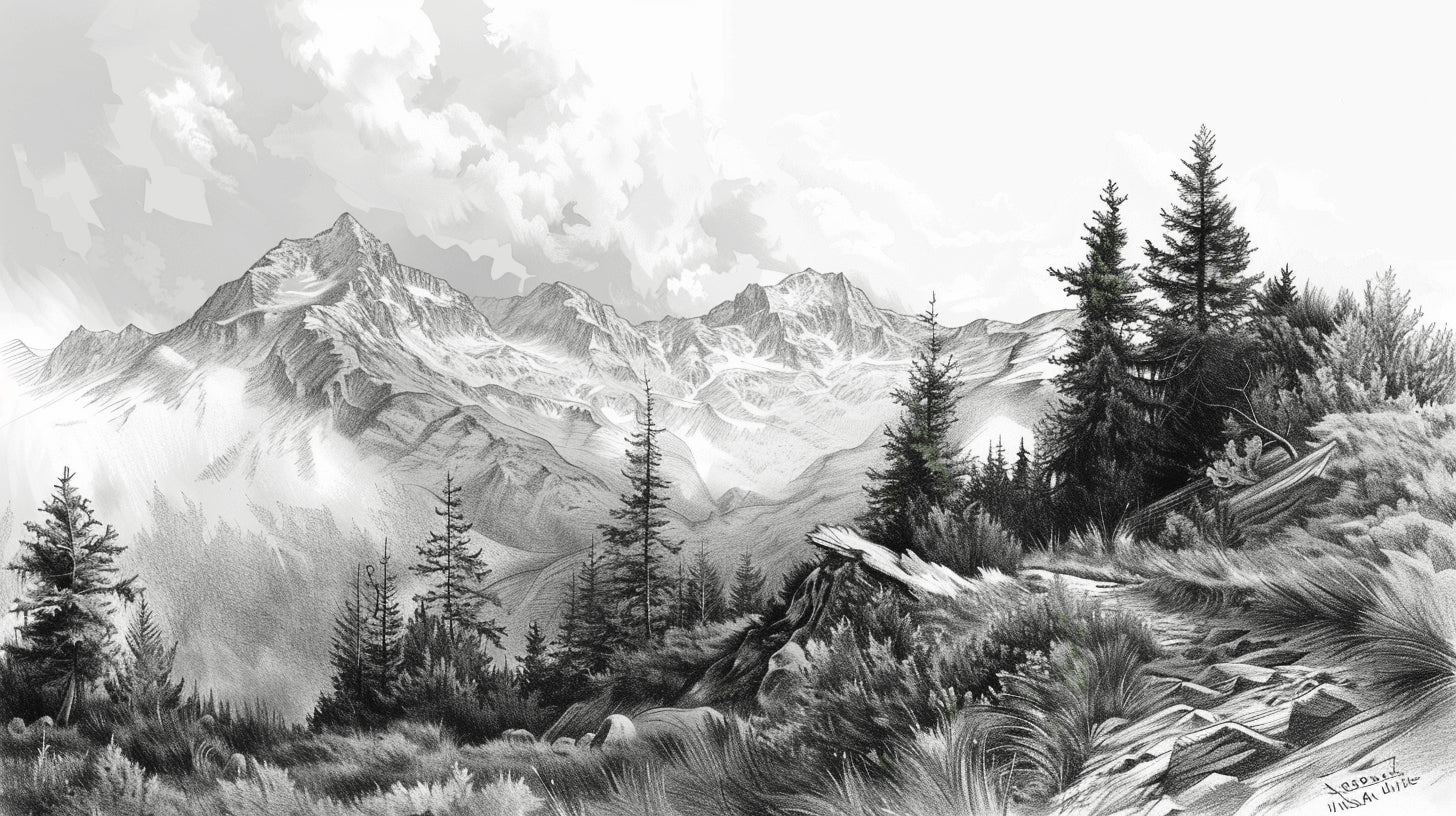 Mountain landscape wallpaper design file showing detailed black and white alpine peaks with misty atmosphere