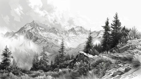 Mountain landscape wallpaper design file showing detailed black and white alpine peaks with misty atmosphere