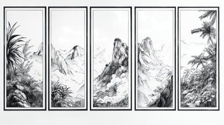 Black and white mountain wallpaper design file showing detailed ink-style peaks and palm fronds pattern