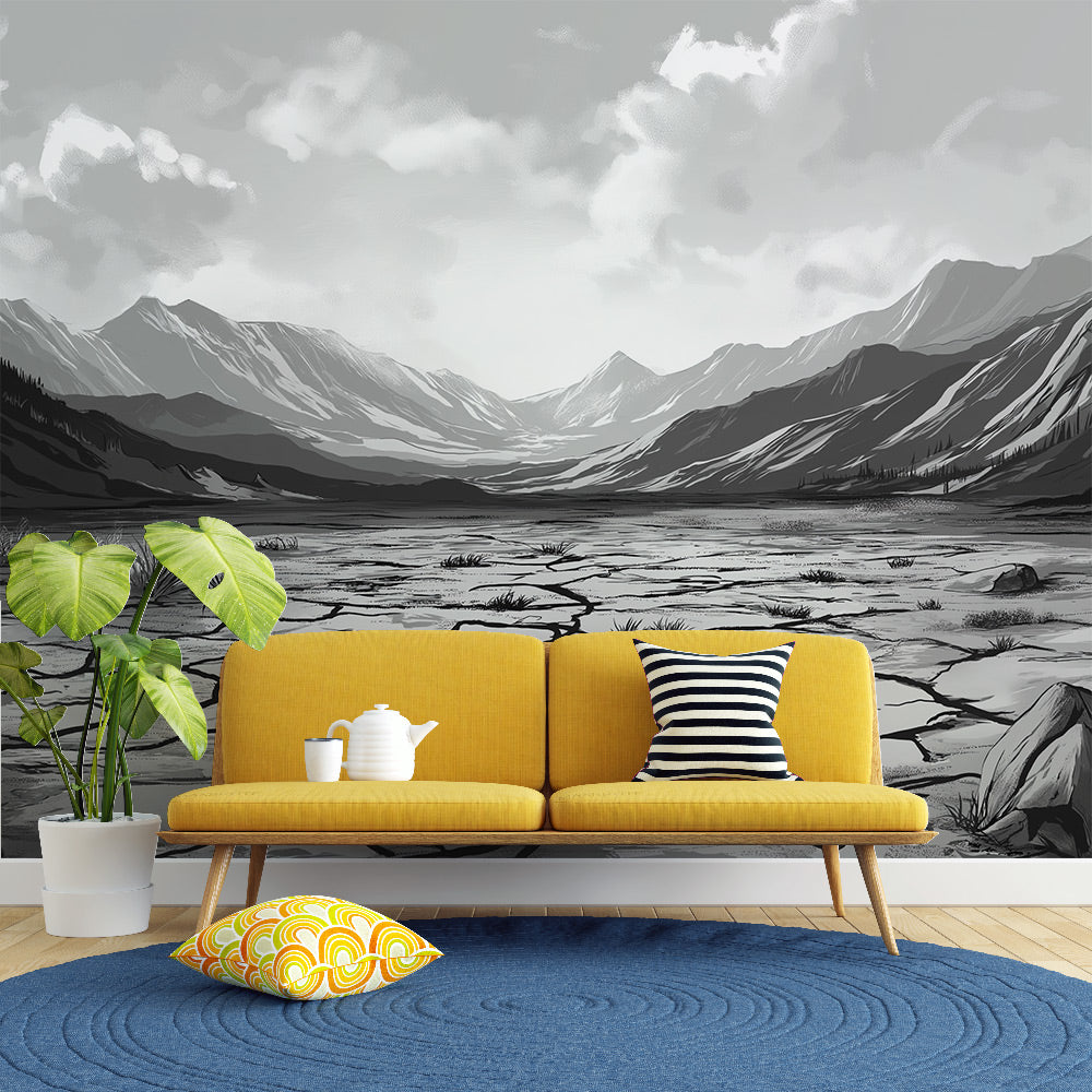 Mountain landscape wallpaper creating depth in a minimal modern living room with gray sofa and natural light