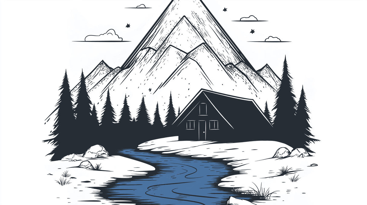 Mountain landscape wallpaper with forest cabin scene styled in a modern minimalist living room with grey furniture