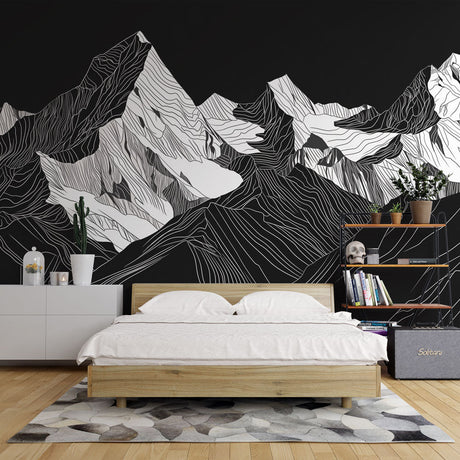 Modern mountain line art wallpaper in a minimalist living room with black and white furniture