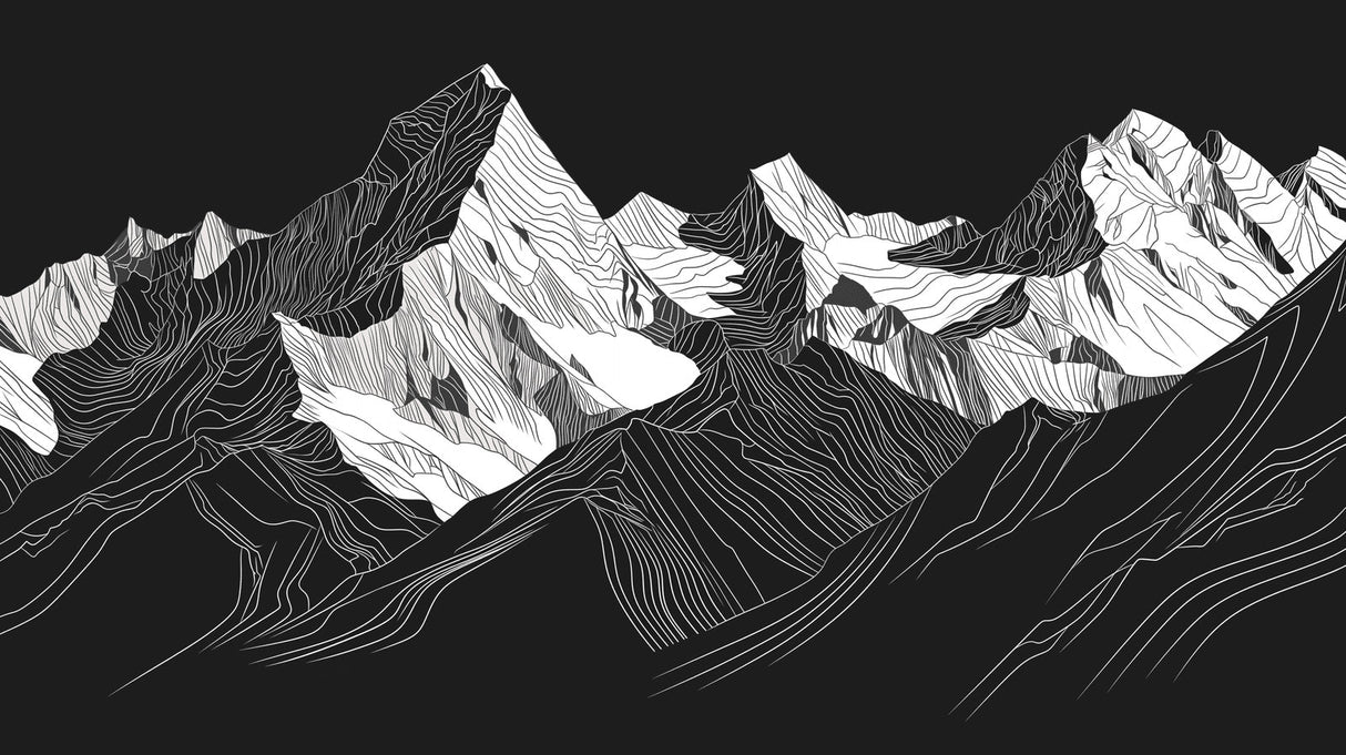 Mountain range wallpaper design file showing detailed black and white line work pattern