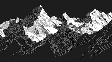Mountain range wallpaper design file showing detailed black and white line work pattern