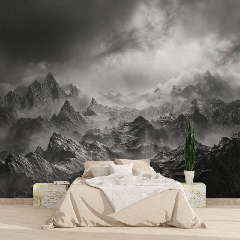 Black and white mountain mural adding depth to master bedroom with natural lighting