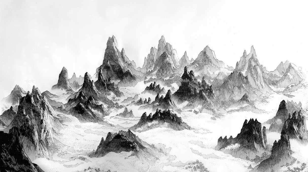 Mountain landscape wallpaper creating depth in a minimal living room, with natural light highlighting the misty peaks design