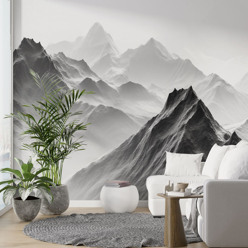 Mountain peak wallpaper creating drama in a minimalist living room, black and white design adding depth to modern interior