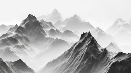 Black and white mountain range wallpaper design file showing detailed misty peaks pattern
