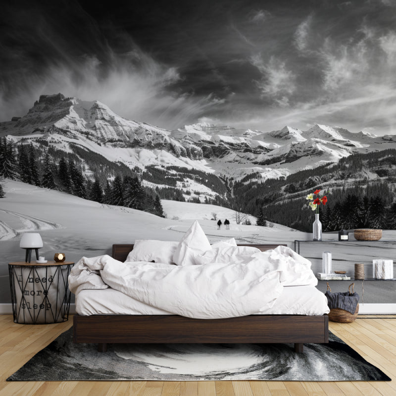 Panoramic mountain wallpaper making statement in home office space