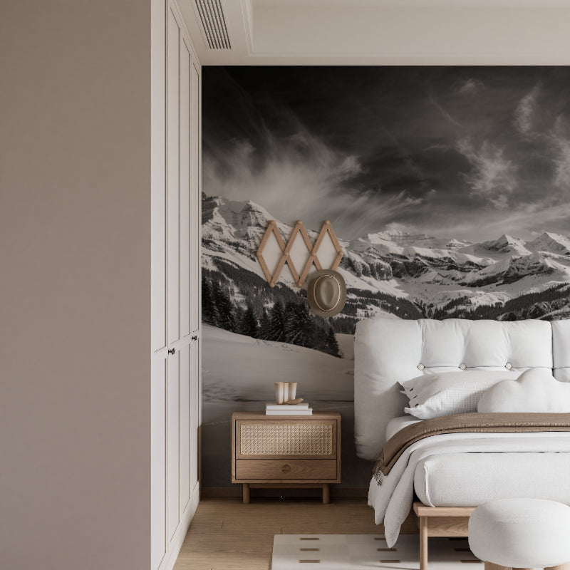 Snow-capped peaks wallpaper in dining room with contemporary decor